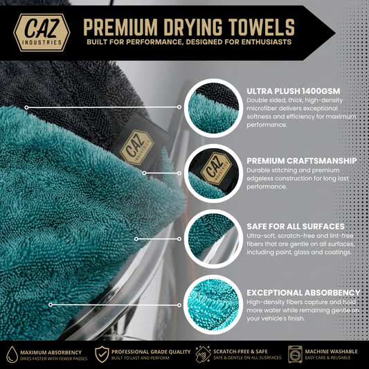 Microfiber Drying Towels (2-Pack) – 1400 GSM Twisted Loop, 16"×24"
