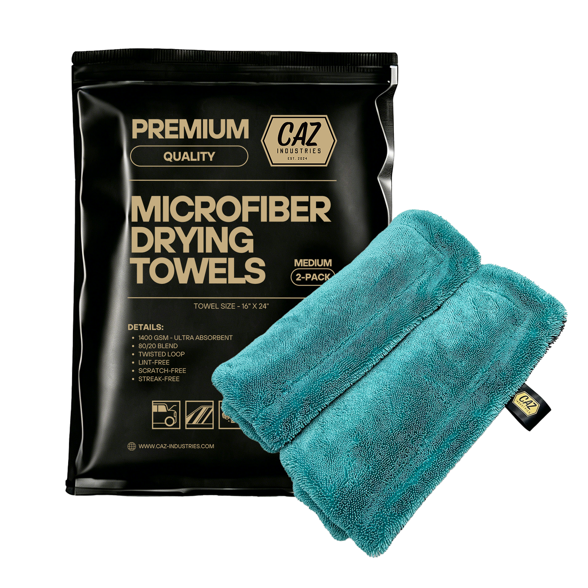 Microfiber Drying Towels (2-Pack) – 1400 GSM Twisted Loop, Large 24"×36" + Medium 16"×24"