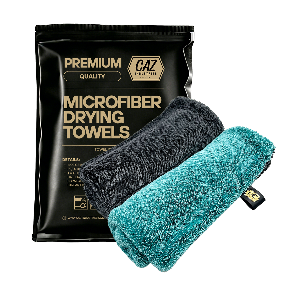 Microfiber Drying Towels (2-Pack) – 1400 GSM Twisted Loop, 16"×24"